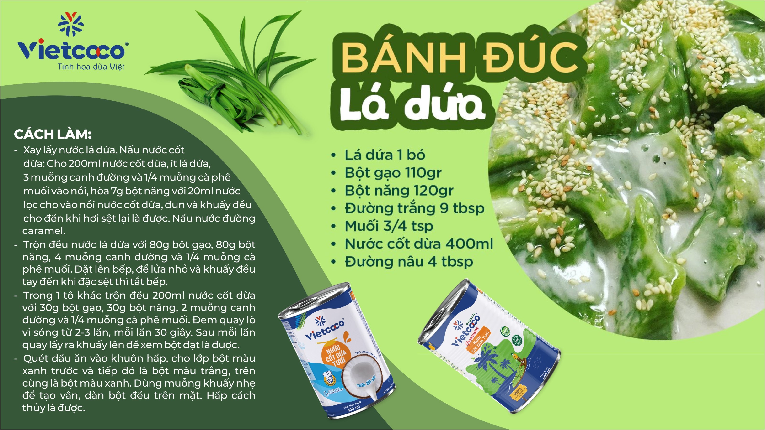 Bánh đúc lá dứa nước cốt dừa tươi Vietcoco